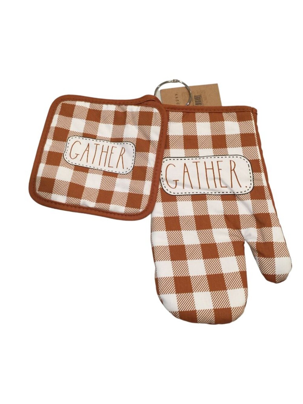 RAE DUNN GATHER Caramel Cream Plaid Oven Mitt Potholder Set